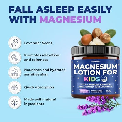 MONIER Magnesium Lotion for Kids - Relaxing Magnesium Cream with Lavender, Shea Butter, Aloe Vera - 100% Natural Ingredients (4 oz, Unscented) Avelisse