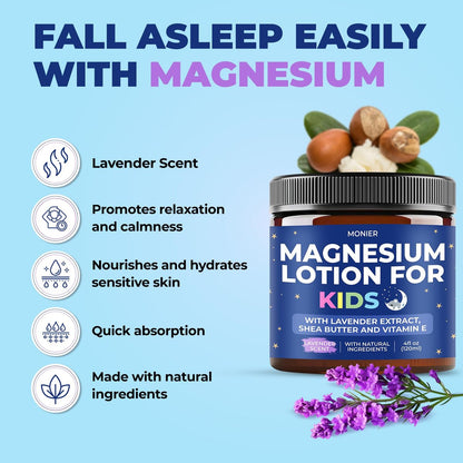 MONIER Magnesium Lotion for Kids - Relaxing Magnesium Cream with Lavender, Shea Butter, Aloe Vera - 100% Natural Ingredients (4 oz, Unscented) Avelisse