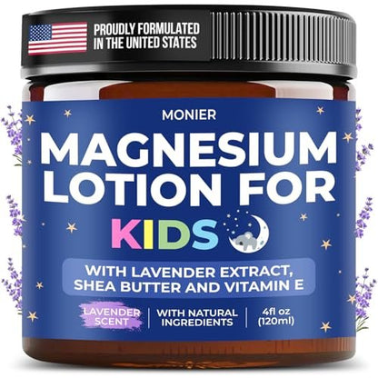 MONIER Magnesium Lotion for Kids - Relaxing Magnesium Cream with Lavender, Shea Butter, Aloe Vera - 100% Natural Ingredients (4 oz, Unscented) Avelisse