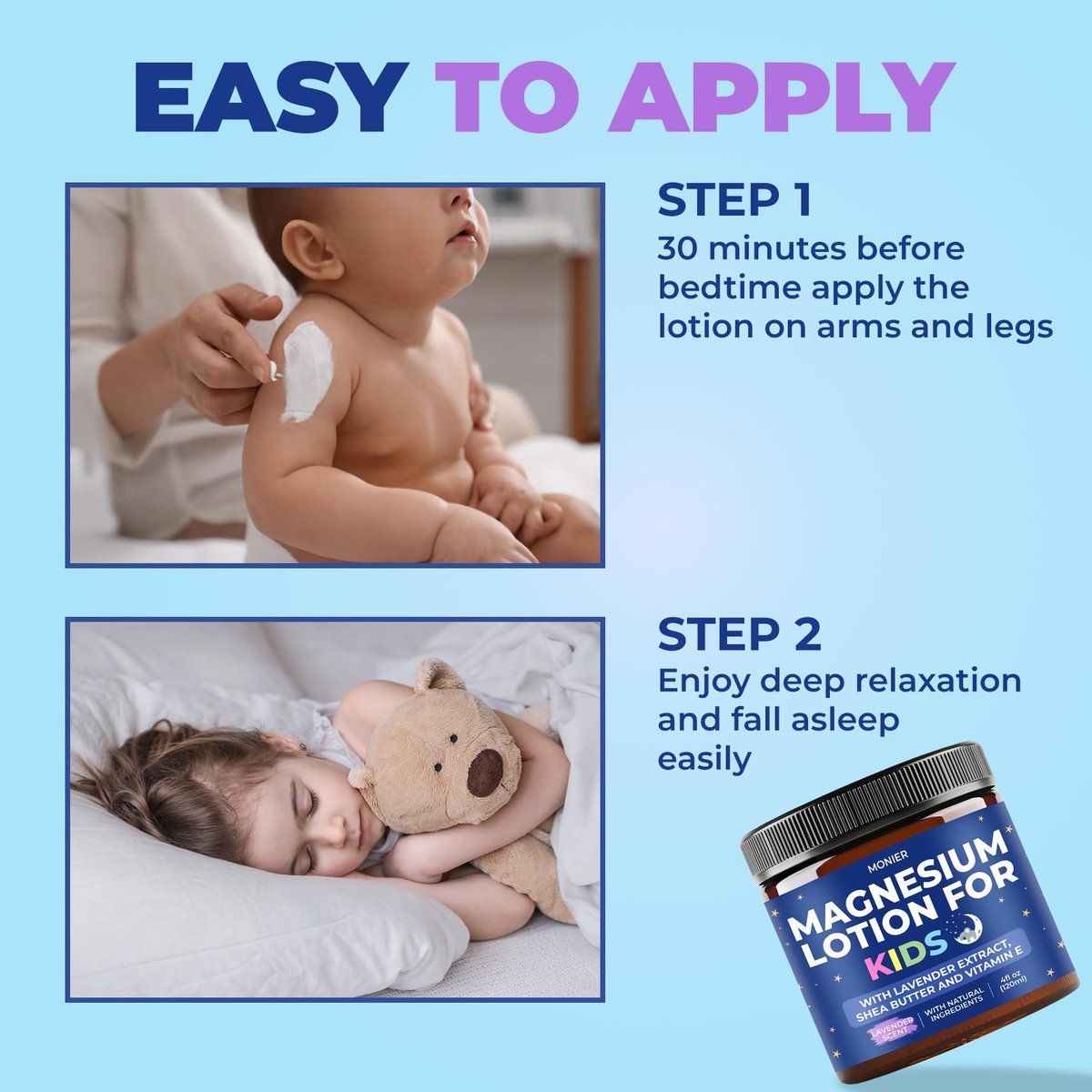 MONIER Magnesium Lotion for Kids - Relaxing Magnesium Cream with Lavender, Shea Butter, Aloe Vera - 100% Natural Ingredients (4 oz, Unscented) Avelisse