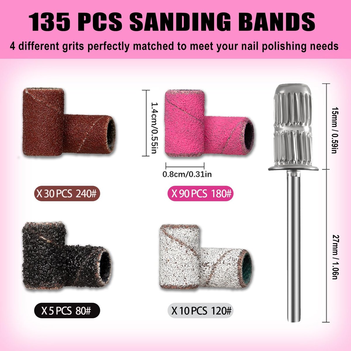 Haozher 135 Pcs Nail Drill Bits Sanding Bands - Mixed Grit 80/120/180/240 for Acrylic Gel Manicures Pedicure - görsel 5