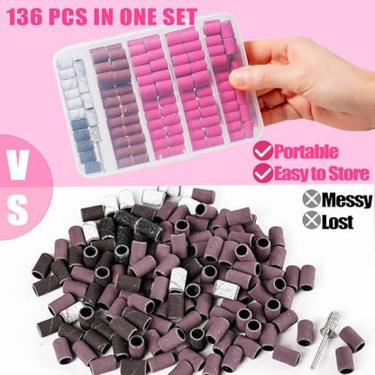 Haozher 135 Pcs Nail Drill Bits Sanding Bands - Mixed Grit 80/120/180/240 for Acrylic Gel Manicures Pedicure