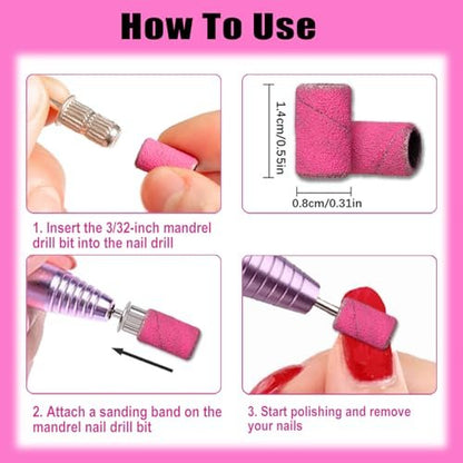 Haozher 135 Pcs Nail Drill Bits Sanding Bands - Mixed Grit 80/120/180/240 for Acrylic Gel Manicures Pedicure