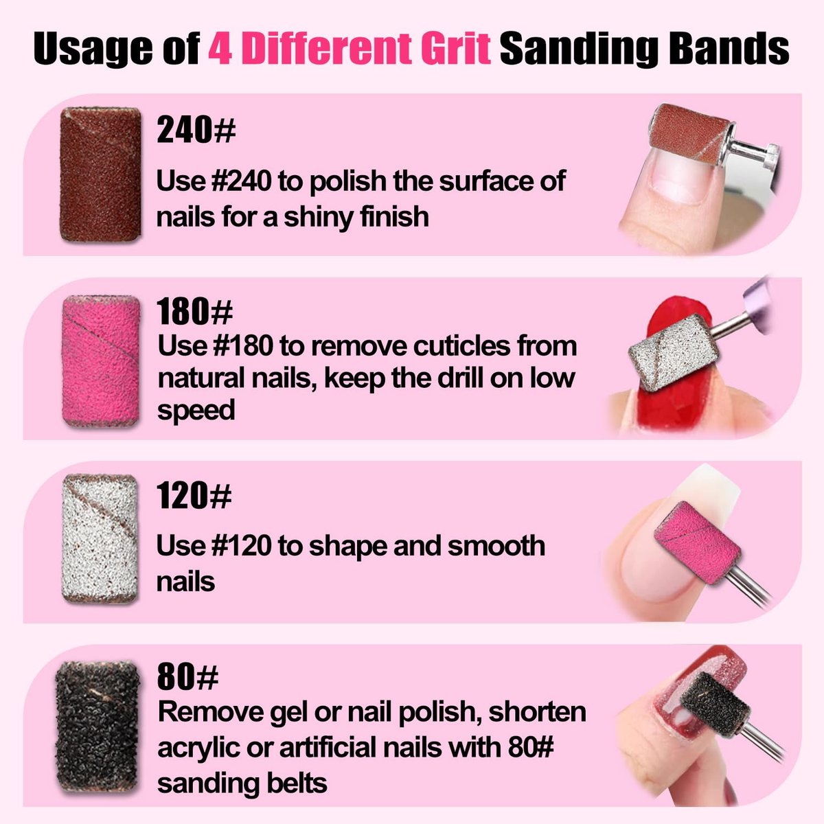 Haozher 135 Pcs Nail Drill Bits Sanding Bands - Mixed Grit 80/120/180/240 for Acrylic Gel Manicures Pedicure - görsel 9