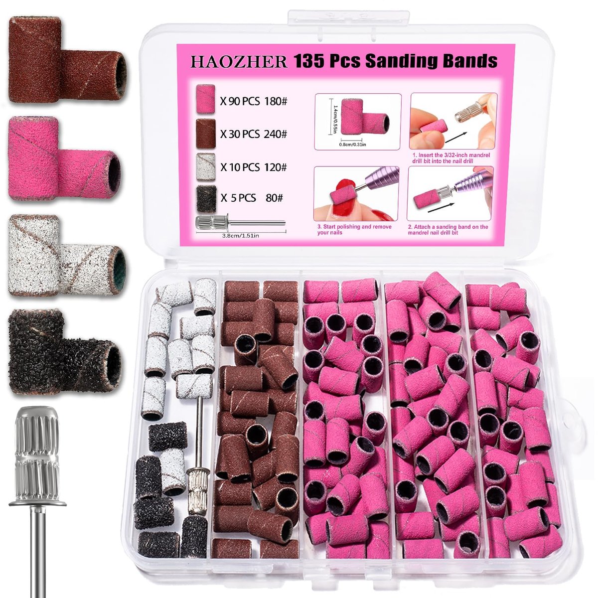 Haozher 135 Pcs Nail Drill Bits Sanding Bands - Mixed Grit 80/120/180/240 for Acrylic Gel Manicures Pedicure - görsel 1
