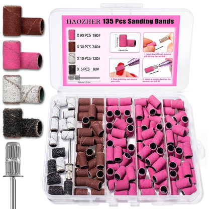 Haozher 135 Pcs Nail Drill Bits Sanding Bands - Mixed Grit 80/120/180/240 for Acrylic Gel Manicures Pedicure