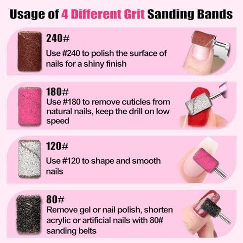 Haozher 135 Pcs Nail Drill Bits Sanding Bands - Mixed Grit 80/120/180/240 for Acrylic Gel Manicures Pedicure - görsel 10
