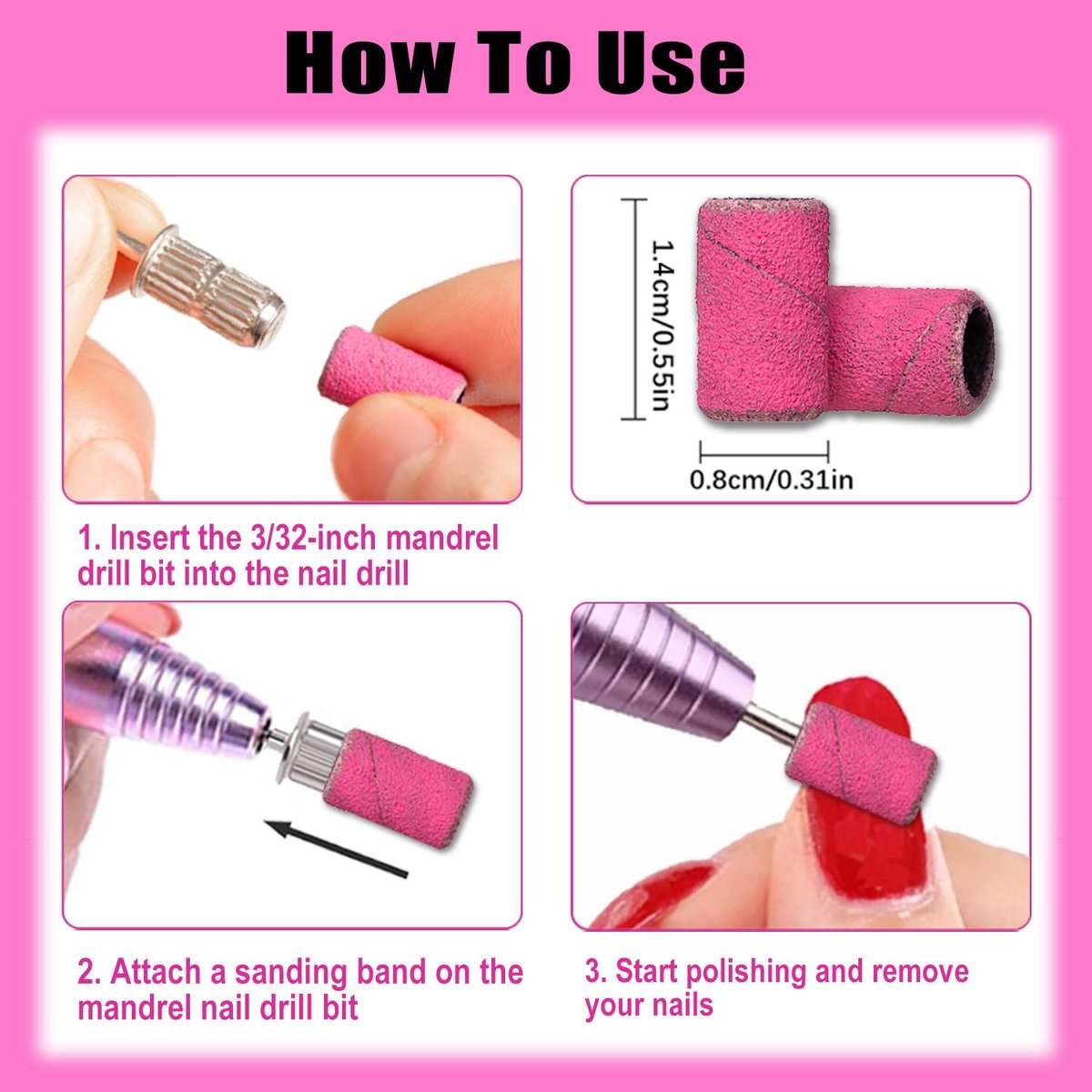 Haozher 135 Pcs Nail Drill Bits Sanding Bands - Mixed Grit 80/120/180/240 for Acrylic Gel Manicures Pedicure - görsel 13