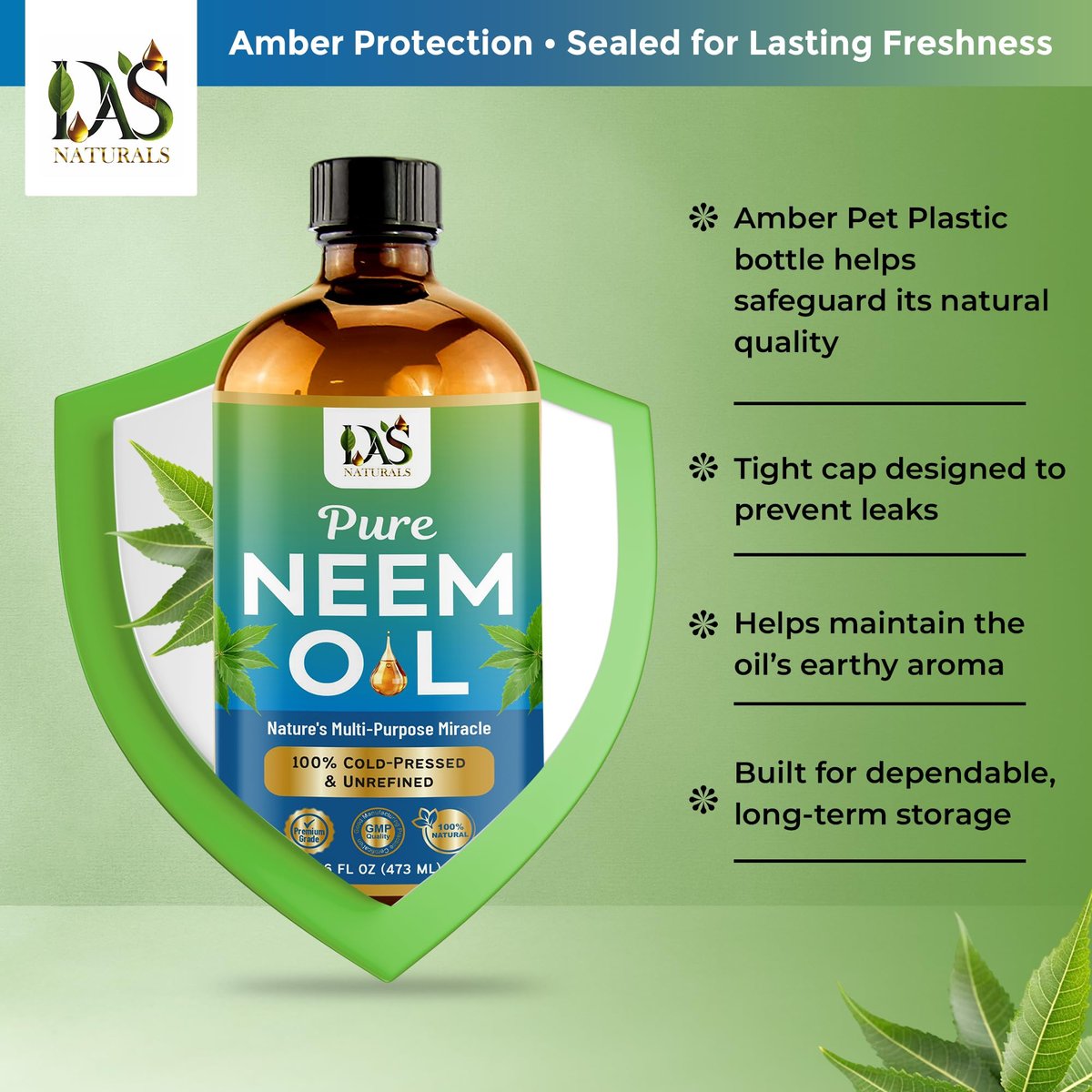 DAS NATURALS Pure Neem Oil for Plants, Hair Growth & Skin — 100% Cold-Pressed Unrefined Concentrate | Indoor, Outdoor Garden | Face, Scalp, Nails, Pets | 16 fl oz Avelisse