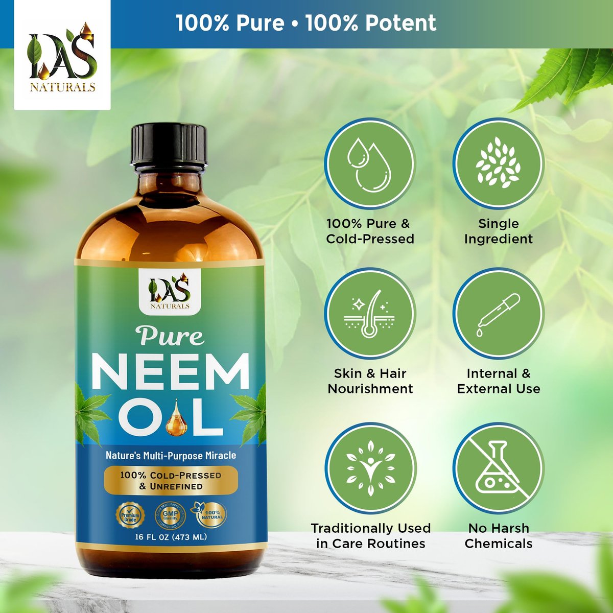 DAS NATURALS Pure Neem Oil for Plants, Hair Growth & Skin — 100% Cold-Pressed Unrefined Concentrate | Indoor, Outdoor Garden | Face, Scalp, Nails, Pets | 16 fl oz Avelisse