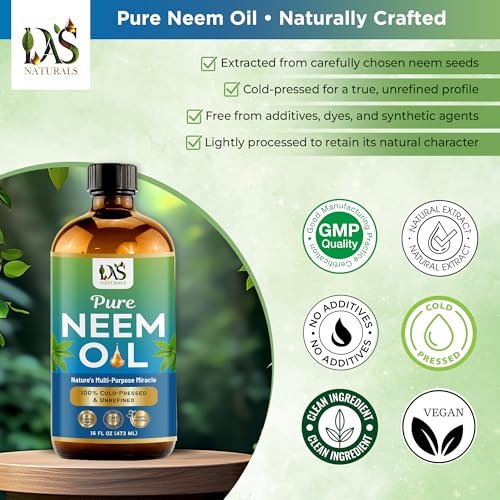 DAS NATURALS Pure Neem Oil for Plants, Hair Growth & Skin — 100% Cold-Pressed Unrefined Concentrate | Indoor, Outdoor Garden | Face, Scalp, Nails, Pets | 16 fl oz Avelisse