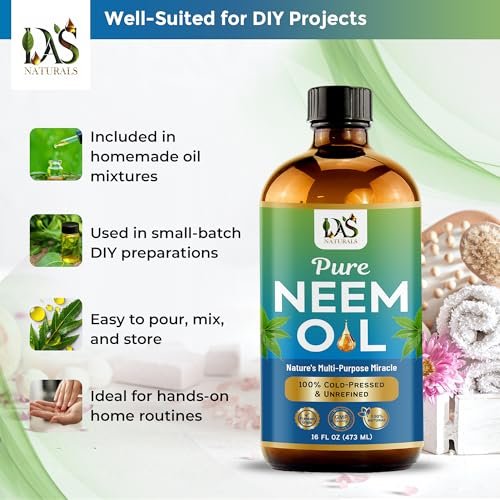 DAS NATURALS Pure Neem Oil for Plants, Hair Growth & Skin — 100% Cold-Pressed Unrefined Concentrate | Indoor, Outdoor Garden | Face, Scalp, Nails, Pets | 16 fl oz Avelisse