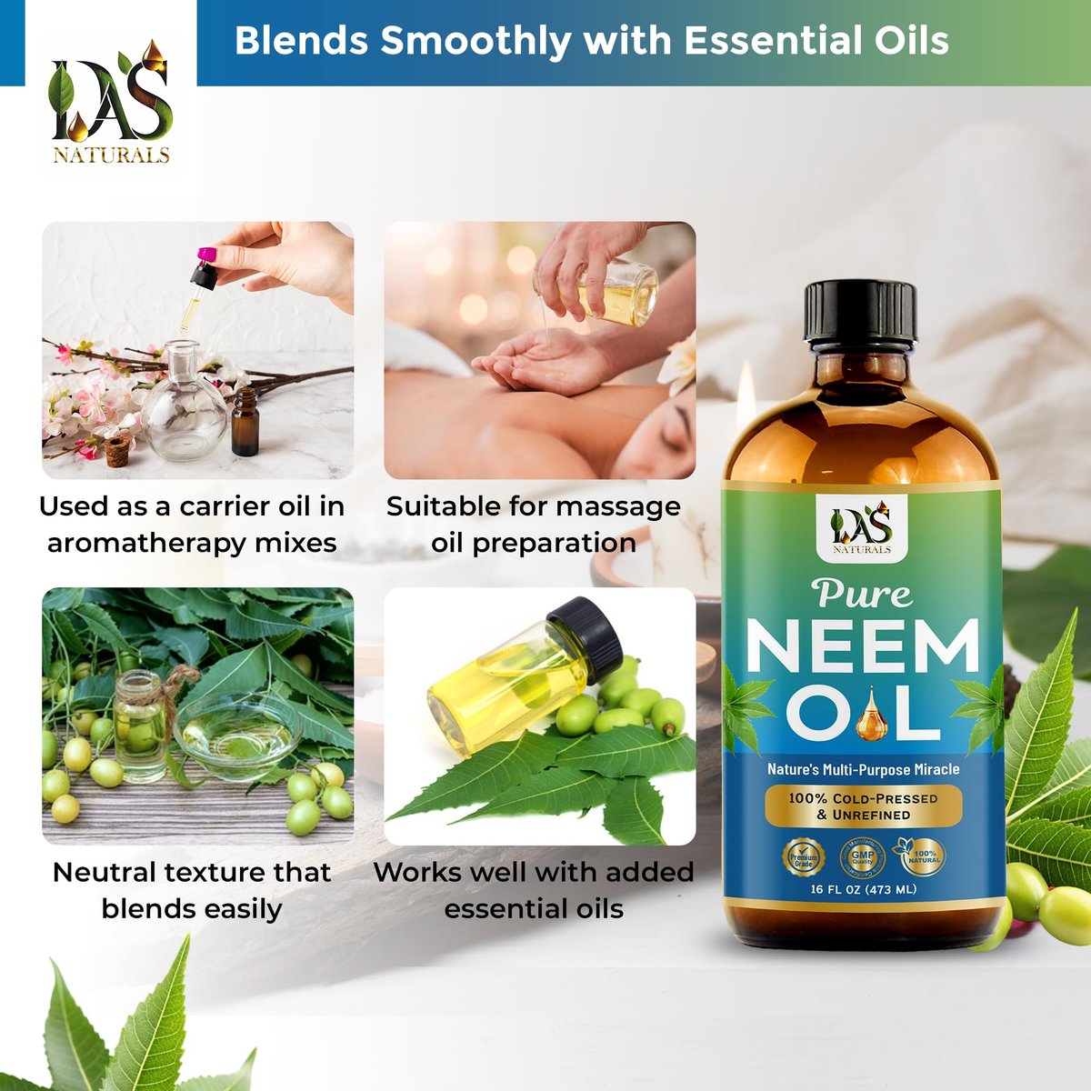 DAS NATURALS Pure Neem Oil for Plants, Hair Growth & Skin — 100% Cold-Pressed Unrefined Concentrate | Indoor, Outdoor Garden | Face, Scalp, Nails, Pets | 16 fl oz Avelisse