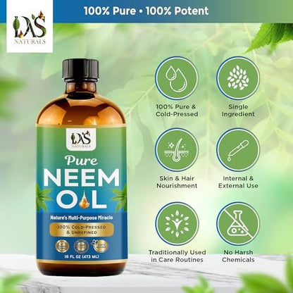 DAS NATURALS Pure Neem Oil for Plants, Hair Growth & Skin — 100% Cold-Pressed Unrefined Concentrate | Indoor, Outdoor Garden | Face, Scalp, Nails, Pets | 16 fl oz Avelisse