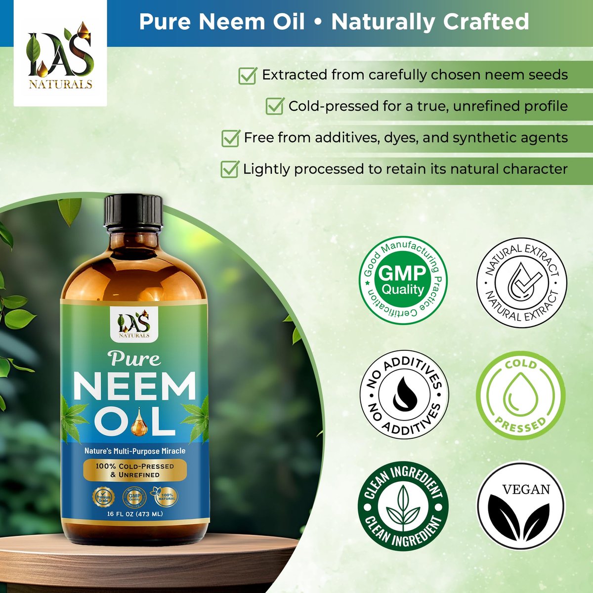 DAS NATURALS Pure Neem Oil for Plants, Hair Growth & Skin — 100% Cold-Pressed Unrefined Concentrate | Indoor, Outdoor Garden | Face, Scalp, Nails, Pets | 16 fl oz Avelisse