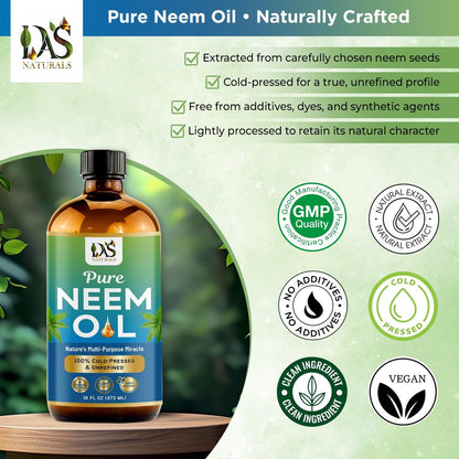 DAS NATURALS Pure Neem Oil for Plants, Hair Growth & Skin — 100% Cold-Pressed Unrefined Concentrate | Indoor, Outdoor Garden | Face, Scalp, Nails, Pets | 16 fl oz Avelisse