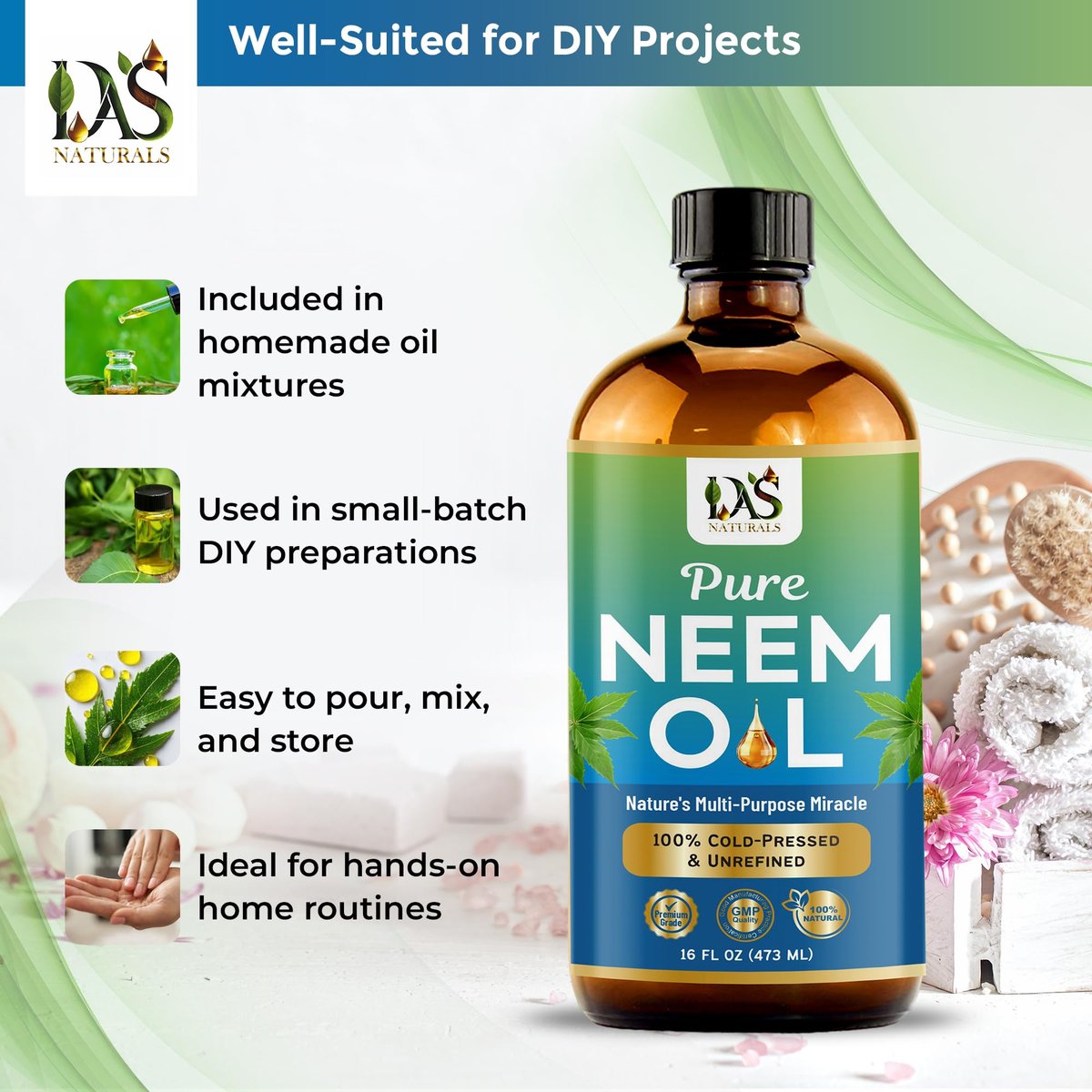 DAS NATURALS Pure Neem Oil for Plants, Hair Growth & Skin — 100% Cold-Pressed Unrefined Concentrate | Indoor, Outdoor Garden | Face, Scalp, Nails, Pets | 16 fl oz Avelisse