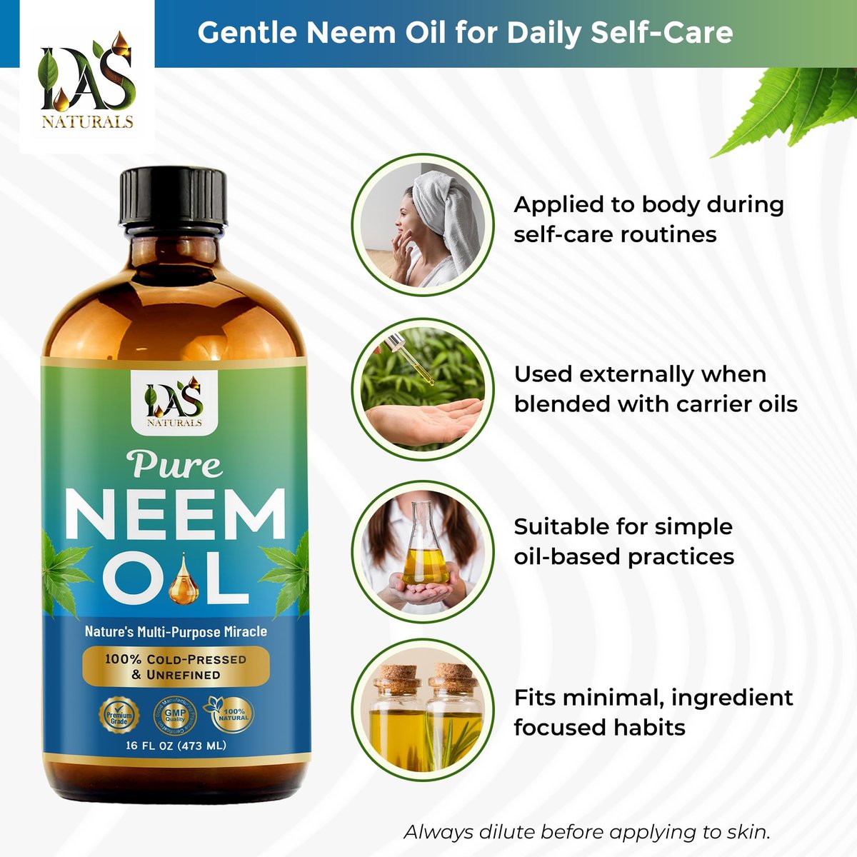 DAS NATURALS Pure Neem Oil for Plants, Hair Growth & Skin — 100% Cold-Pressed Unrefined Concentrate | Indoor, Outdoor Garden | Face, Scalp, Nails, Pets | 16 fl oz Avelisse