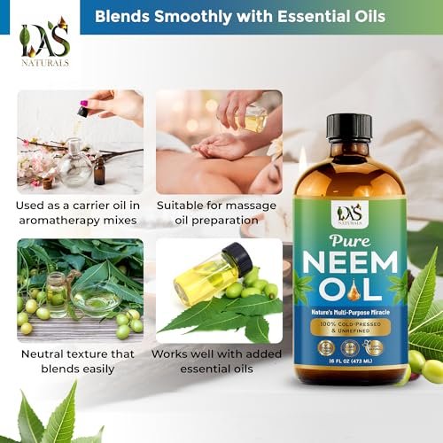 DAS NATURALS Pure Neem Oil for Plants, Hair Growth & Skin — 100% Cold-Pressed Unrefined Concentrate | Indoor, Outdoor Garden | Face, Scalp, Nails, Pets | 16 fl oz Avelisse