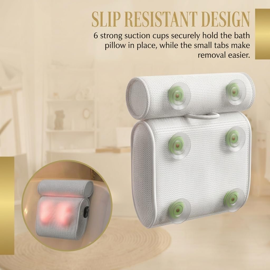 MONET Massaging Bath Pillow — Shiatsu Neck and Back Massager for Tub with 2 Speeds — IPX8 Waterproof Deep Kneading Comfort — 4 Massage Nodes USB-C Rechargeable — Spa Gift for Women — Fits All Tubs Avelisse