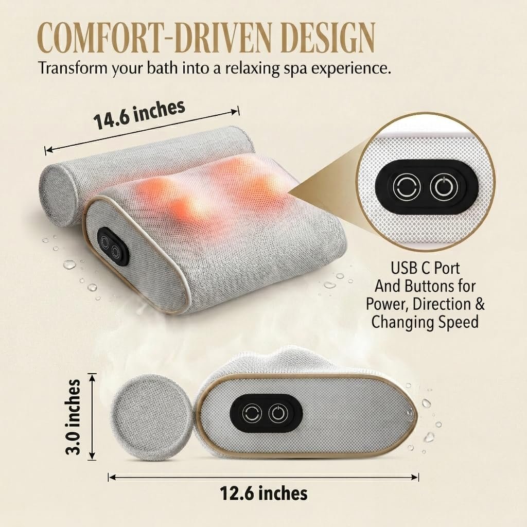 MONET Massaging Bath Pillow — Shiatsu Neck and Back Massager for Tub with 2 Speeds — IPX8 Waterproof Deep Kneading Comfort — 4 Massage Nodes USB-C Rechargeable — Spa Gift for Women — Fits All Tubs Avelisse
