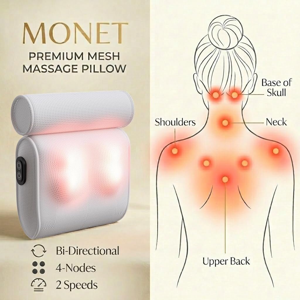 MONET Massaging Bath Pillow — Shiatsu Neck and Back Massager for Tub with 2 Speeds — IPX8 Waterproof Deep Kneading Comfort — 4 Massage Nodes USB-C Rechargeable — Spa Gift for Women — Fits All Tubs Avelisse