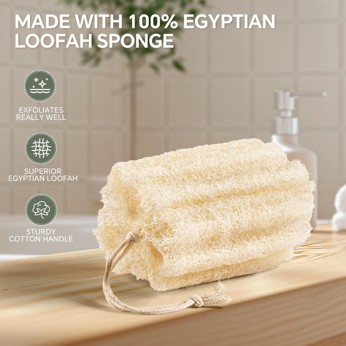 RIYNIBIY 3-Pack Egyptian Natural Loofah Exfoliating Body Scrubber - Real Luffa Sponge for Face, Back & Body - görsel 3