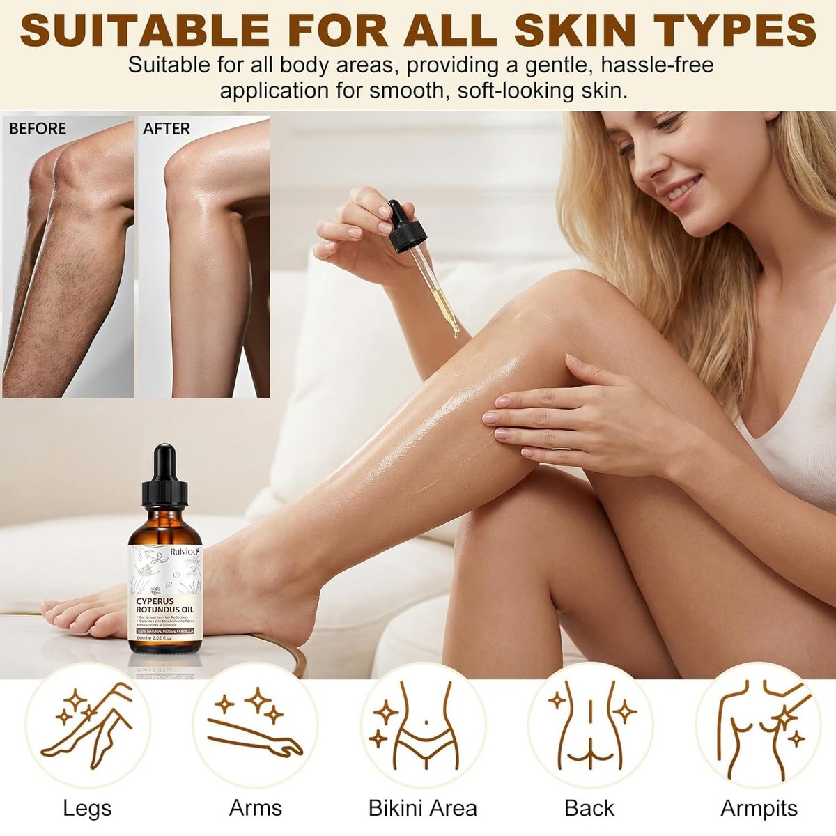 Rulviou Cyperus Rotundus Oil – Natural Hair Removal Oil for Reduced Body Hair Growth, Gentle for All Skin Types, 2 fl oz - görsel 11