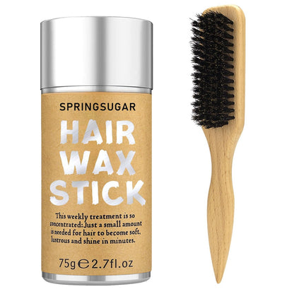 Slick Back Hair Brush & Hair Wax Stick Set – Boar Bristle Brush for Sleek Styles, Flyaway Control & Baby Hairs – Wax Stick for Sectioning & Parting – Silver/Beige