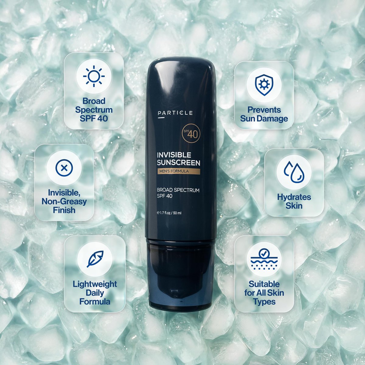 Particle Invisible Sunscreen SPF 40 – Men's Transparent Lotion with Vitamin E, Lightweight & Non-Greasy, Beard Friendly, 1.7 FL OZ Avelisse