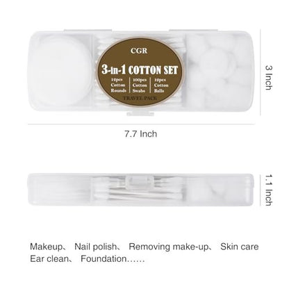 CGR Travel Cotton Swabs Set – 3-Pack Portable Cotton Balls, Rounds & Swabs in Reusable Storage Box