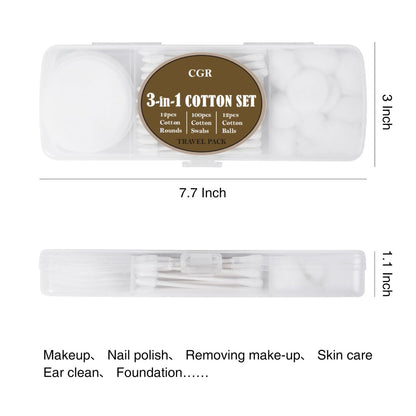 CGR Travel Cotton Swabs Set – 3-Pack Portable Cotton Balls, Rounds & Swabs in Reusable Storage Box
