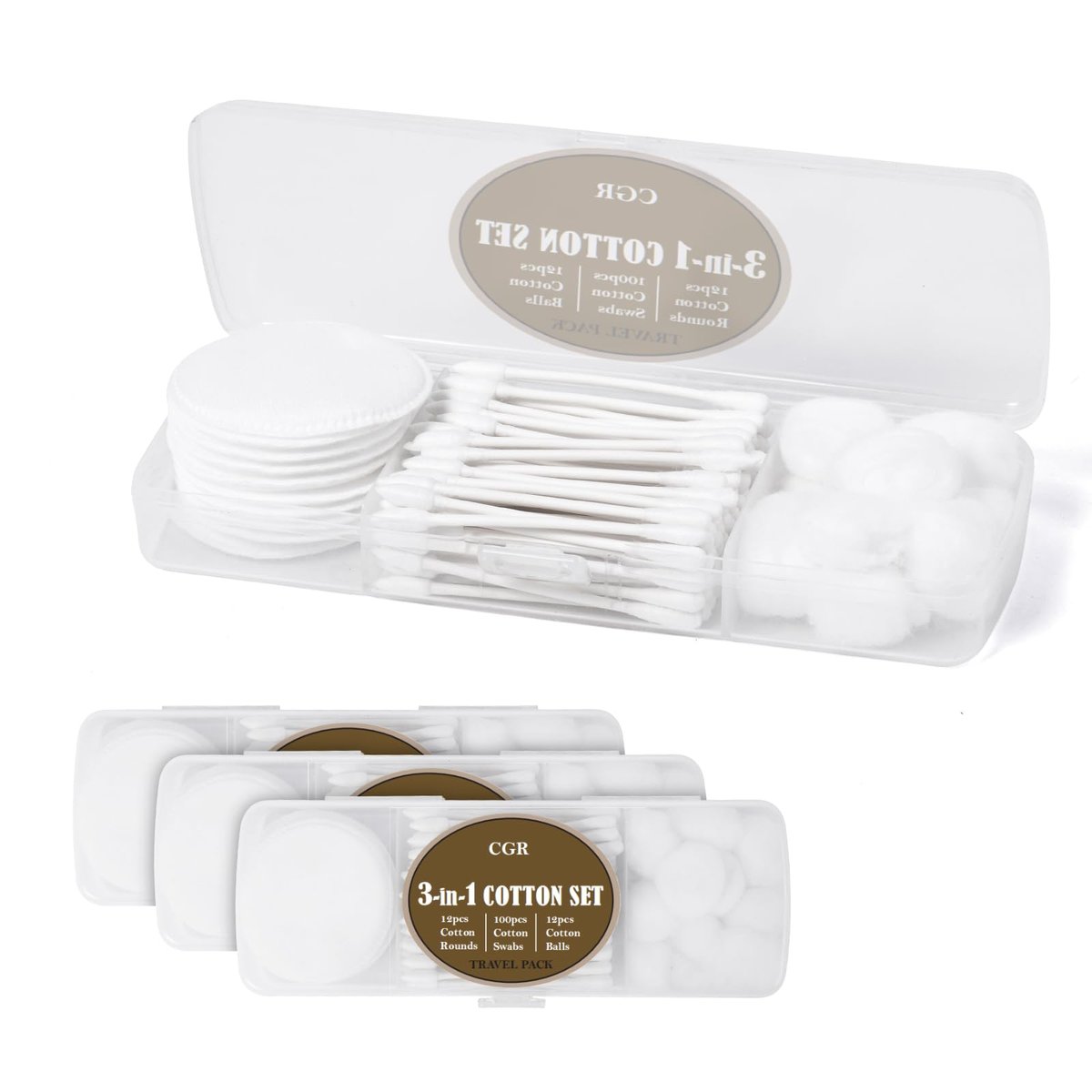 CGR Travel Cotton Swabs Set – 3-Pack Portable Cotton Balls, Rounds & Swabs in Reusable Storage Box - görsel 1