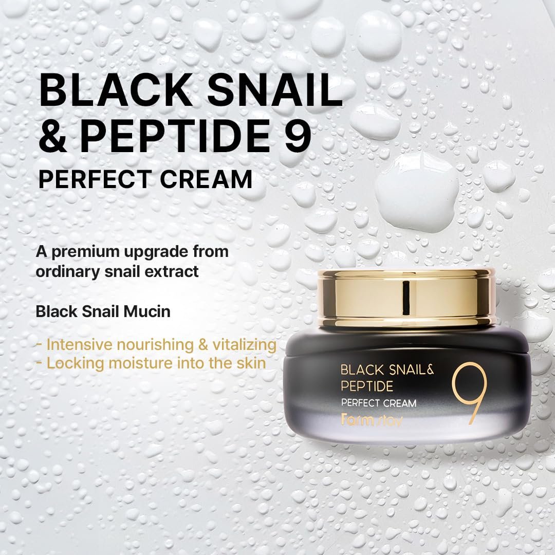 FARMSTAY Black Snail & Peptide 9 Perfect Cream - Snail Mucin Moisturizer for Glowing, Elastic Skin - Anti-Aging & Barrier Repair - 1.85 Fl Oz Avelisse