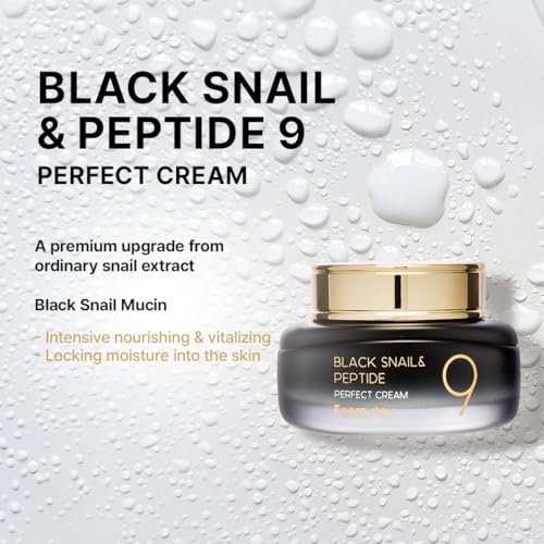 FARMSTAY Black Snail & Peptide 9 Perfect Cream - Snail Mucin Moisturizer for Glowing, Elastic Skin - Anti-Aging & Barrier Repair - 1.85 Fl Oz Avelisse