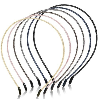 WOVOWOVO 4mm Thin Headbands for Women - 6 Pack Plastic Skinny Headbands, Shiny Sparkly Hair Accessories for Girls Teens