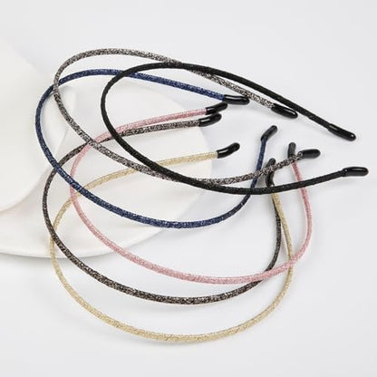 WOVOWOVO 4mm Thin Headbands for Women - 6 Pack Plastic Skinny Headbands, Shiny Sparkly Hair Accessories for Girls Teens