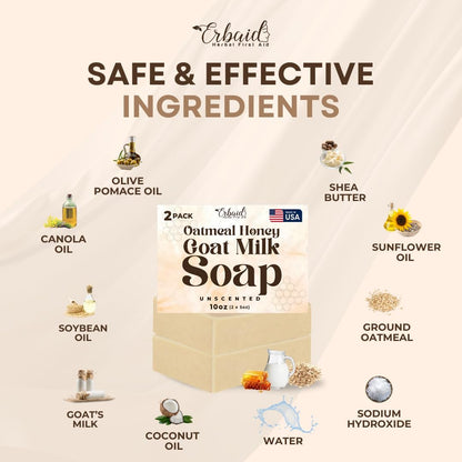 Oatmeal & Honey Goat Milk Soap Bar – Unscented Natural Face & Body Wash for Eczema, Psoriasis, Dry, Itchy, Sensitive Skin – Handcrafted in USA (5 oz, 2-Pack)
