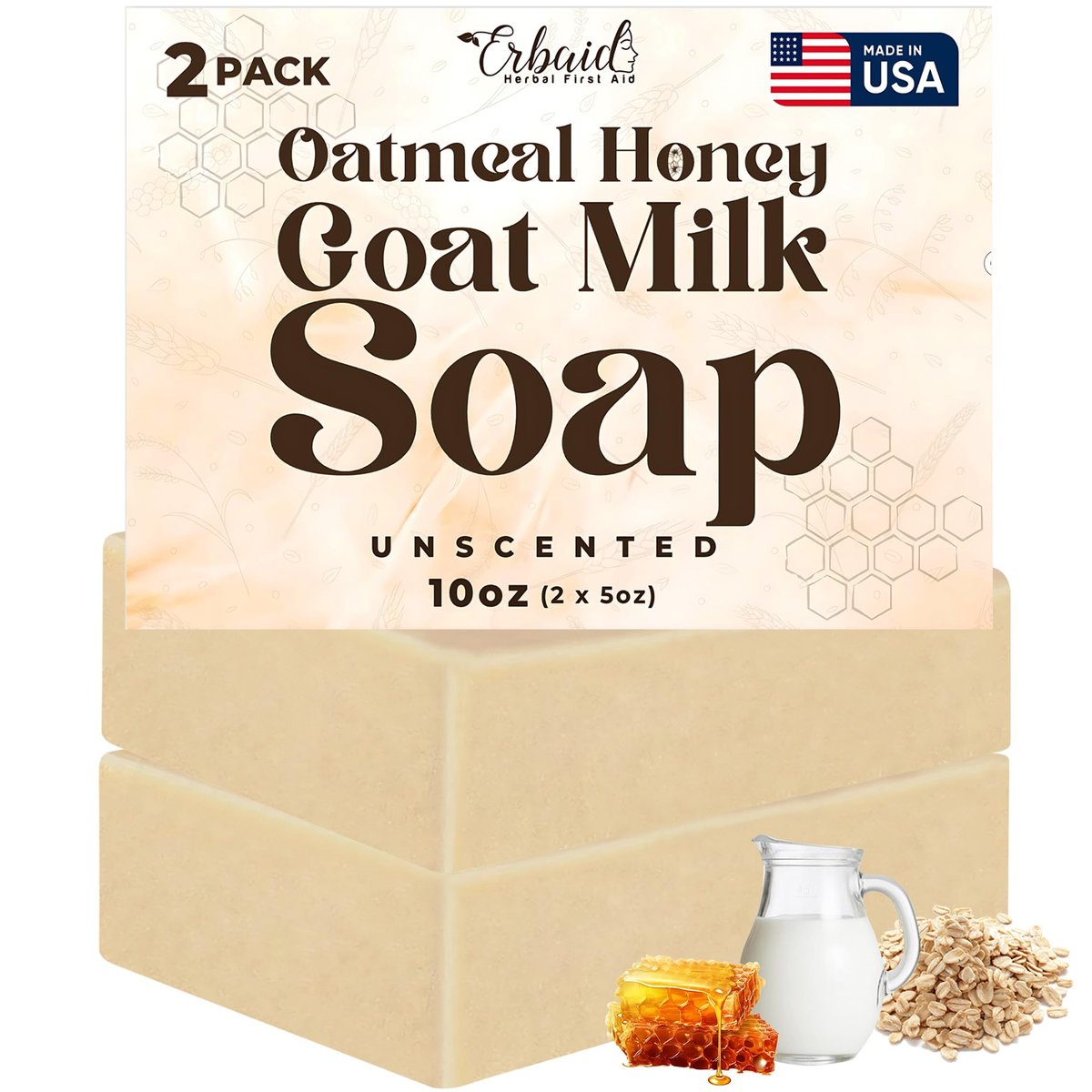 Oatmeal & Honey Goat Milk Soap Bar – Unscented Natural Face & Body Wash for Eczema, Psoriasis, Dry, Itchy, Sensitive Skin – Handcrafted in USA (5 oz, 2-Pack) - görsel 1