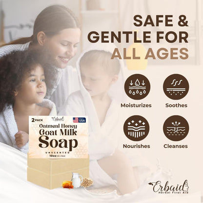 Oatmeal & Honey Goat Milk Soap Bar – Unscented Natural Face & Body Wash for Eczema, Psoriasis, Dry, Itchy, Sensitive Skin – Handcrafted in USA (5 oz, 2-Pack)