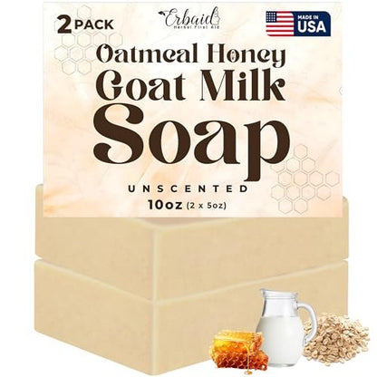 Oatmeal & Honey Goat Milk Soap Bar – Unscented Natural Face & Body Wash for Eczema, Psoriasis, Dry, Itchy, Sensitive Skin – Handcrafted in USA (5 oz, 2-Pack)