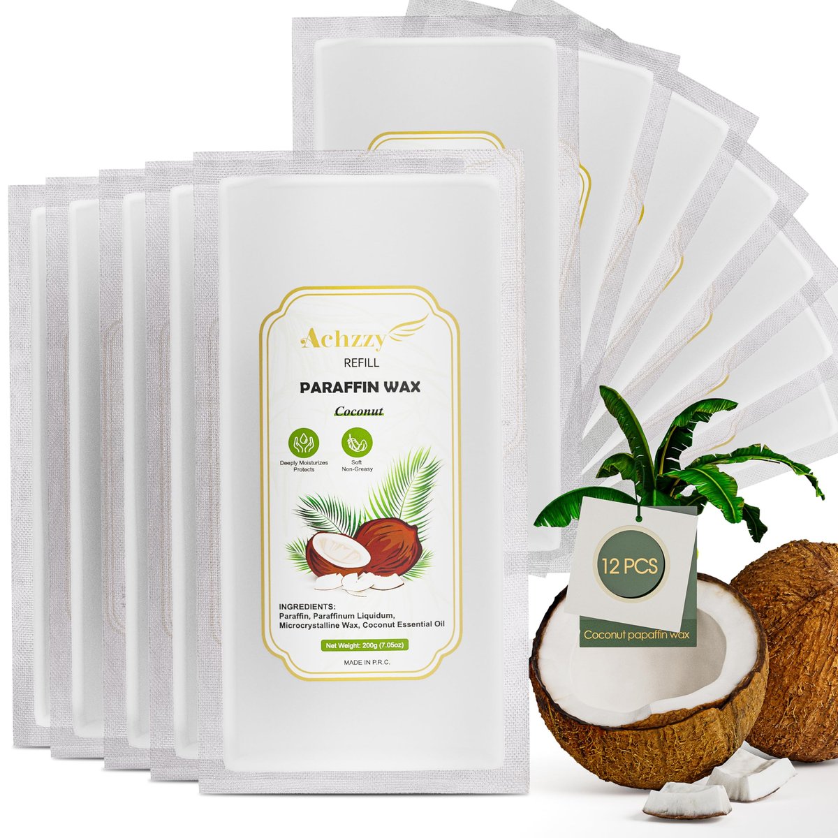 Achzzy Natural Paraffin Wax Refills, 12-Pack Coconut Scented Blocks for Deep Hydration and Moisturizing Hands & Feet Avelisse
