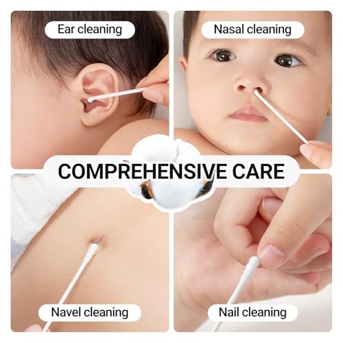 Baby Cotton Swabs 400 Pcs – Safety Cotton Buds for Newborn & Kids, Organic Cotton with Spiral & Scoop Tips Avelisse