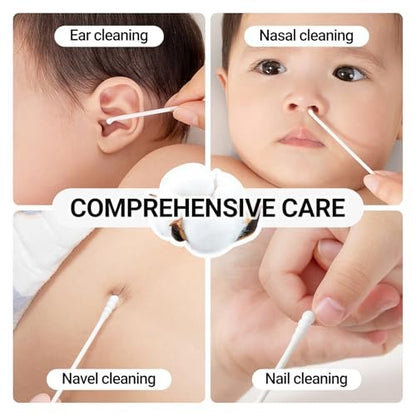Baby Cotton Swabs 400 Pcs – Safety Cotton Buds for Newborn & Kids, Organic Cotton with Spiral & Scoop Tips Avelisse