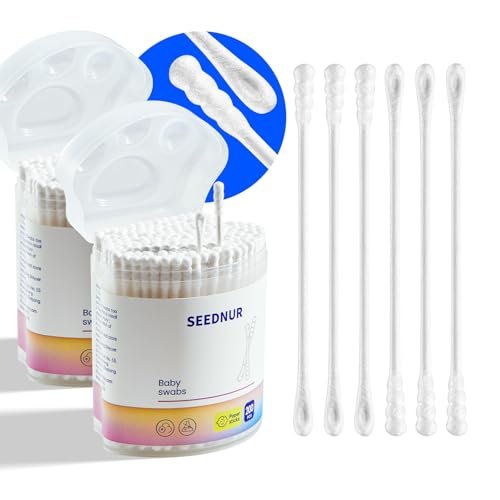 Baby Cotton Swabs 400 Pcs – Safety Cotton Buds for Newborn & Kids, Organic Cotton with Spiral & Scoop Tips Avelisse