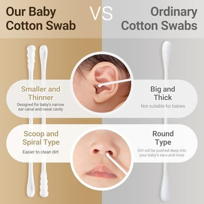 Baby Cotton Swabs 400 Pcs – Safety Cotton Buds for Newborn & Kids, Organic Cotton with Spiral & Scoop Tips Avelisse