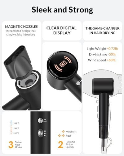 RuiKEeee High Speed Ionic Hair Dryer 110000 RPM – Travel Blow Dryer with Diffuser, Temperature Display, Lightweight & Low Noise, Fast Drying No Heat Damage for All Hairstyles (Black) Avelisse