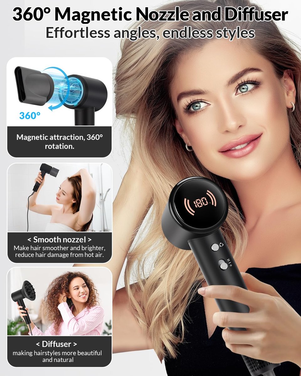 RuiKEeee High Speed Ionic Hair Dryer 110000 RPM – Travel Blow Dryer with Diffuser, Temperature Display, Lightweight & Low Noise, Fast Drying No Heat Damage for All Hairstyles (Black) Avelisse