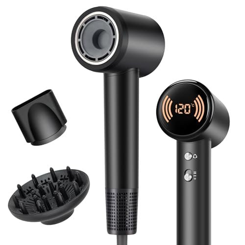 RuiKEeee High Speed Ionic Hair Dryer 110000 RPM – Travel Blow Dryer with Diffuser, Temperature Display, Lightweight & Low Noise, Fast Drying No Heat Damage for All Hairstyles (Black) Avelisse