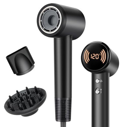 RuiKEeee High Speed Ionic Hair Dryer 110000 RPM – Travel Blow Dryer with Diffuser, Temperature Display, Lightweight & Low Noise, Fast Drying No Heat Damage for All Hairstyles (Black) Avelisse
